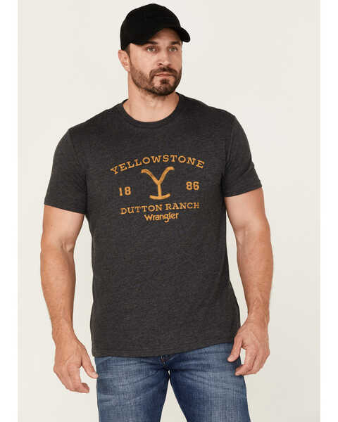 Wrangler Men's Heathered Yellowstone Dutton Ranch Logo Graphic T-Shirt , Black, hi-res