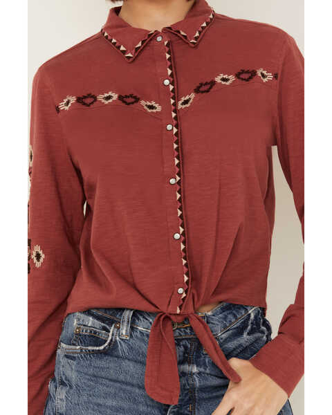 Image #3 - Shyanne Women's Embroidered Long Sleeve Tie Front Pearl Snap Shirt , Rust Copper, hi-res