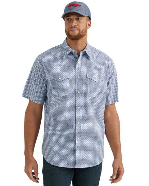 Image #1 - Wrangler 20X Men's Geo Print Short Sleeve Snap Stretch Western Shirt , Blue, hi-res