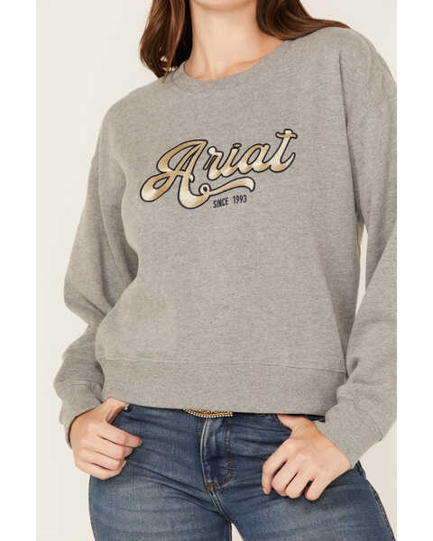 Ariat Women's R.E.A.L Varsity Logo Cropped Sweatshirt, Heather Grey, hi-res