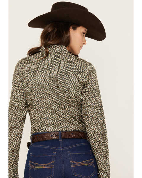 Image #4 - Cinch Women's Geo Print Long Sleeve Snap Western Shirt, Olive, hi-res