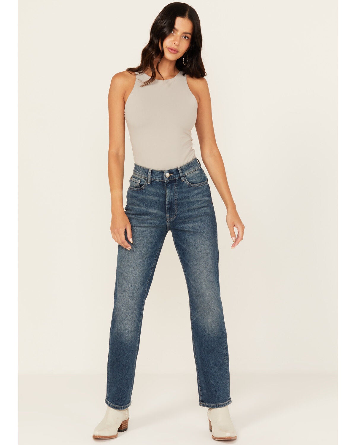 Warp + Weft Women's Ase Dark Wash High Rise Straight Stretch Denim Jeans, Dark Wash, hi-res