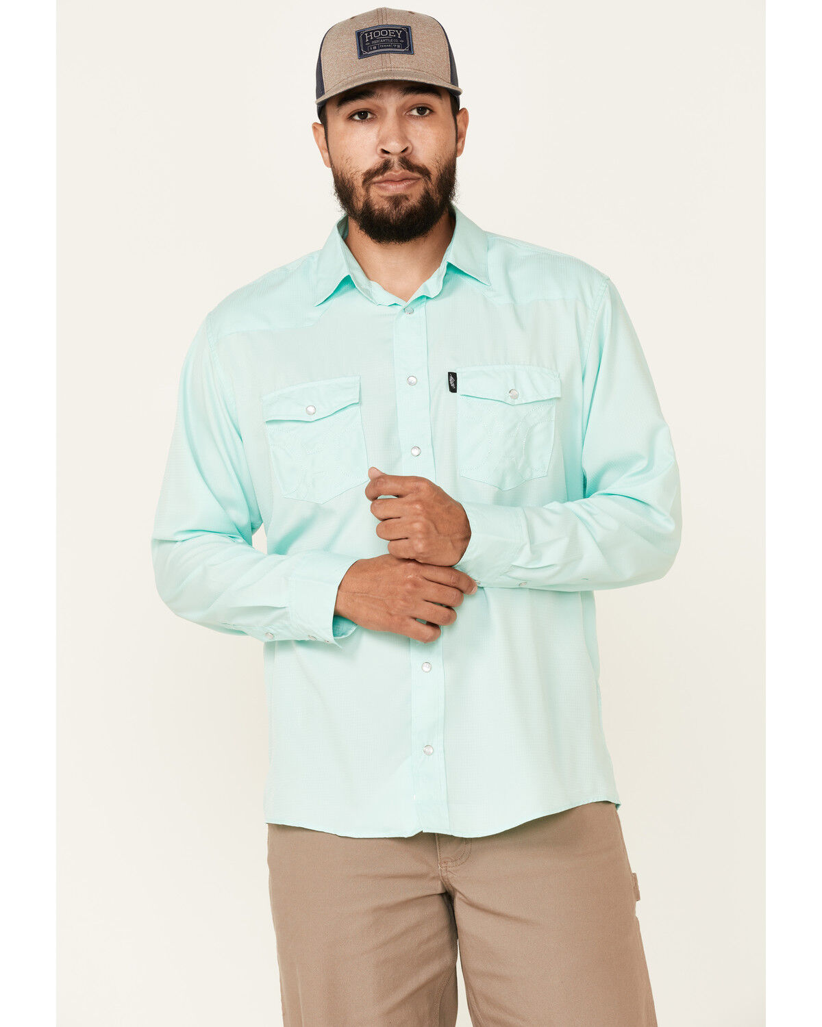 Image #1 - Hooey Men's Solid Habitat Sol Long Sleeve Pearl Snap Western Shirt, Teal, hi-res