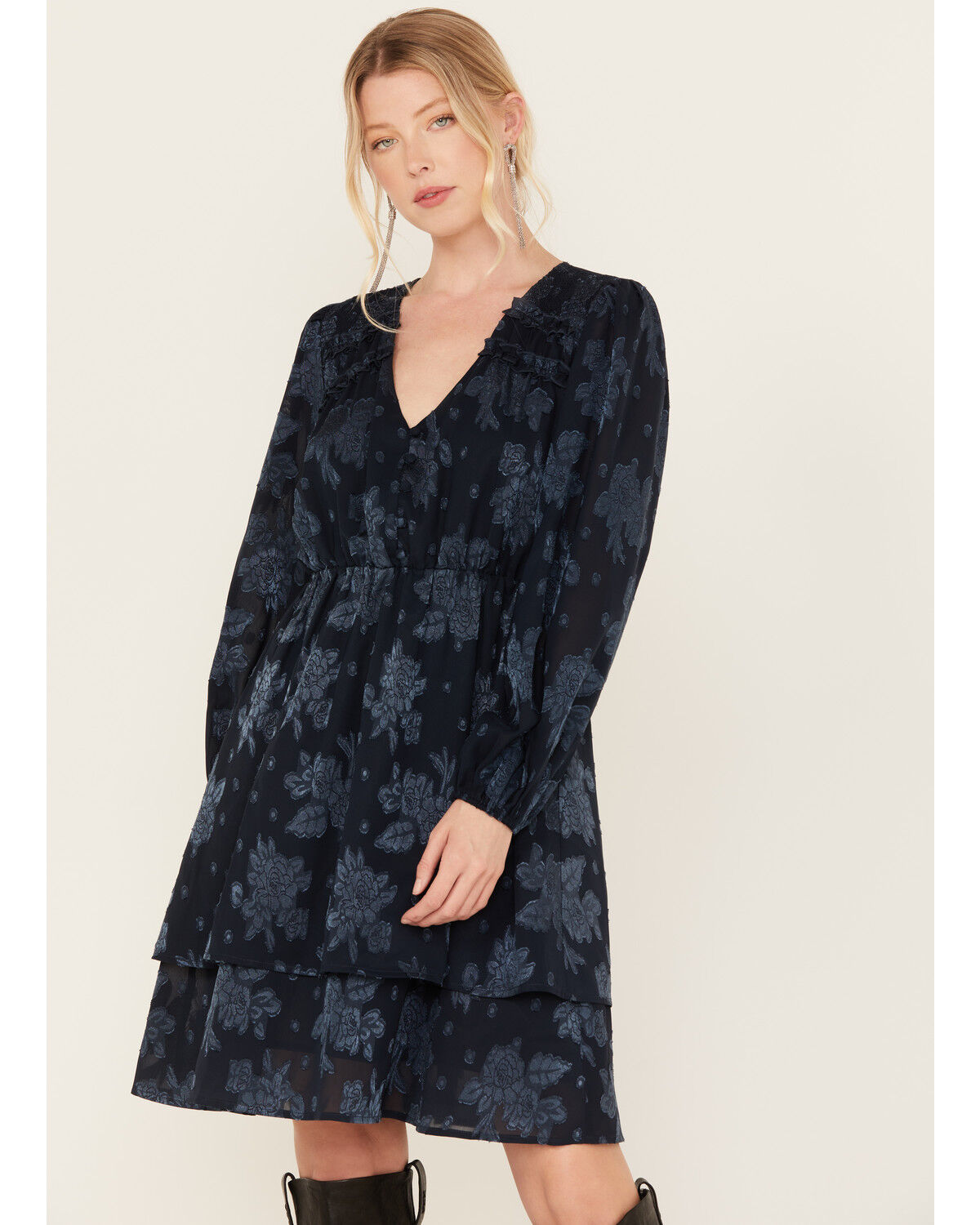 Image #1 - Yura Women's Long Sleeve Floral Tier Mini Dress, Navy, hi-res