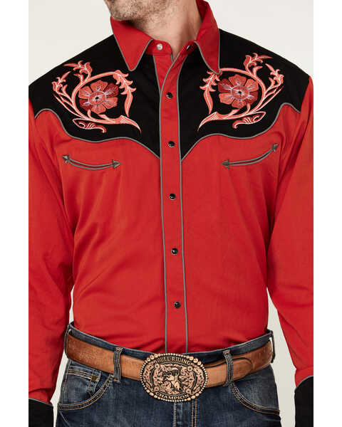 Image #3 - Scully Men's Floral Embroidered Long Sleeve Snap Western Shirt , Red, hi-res