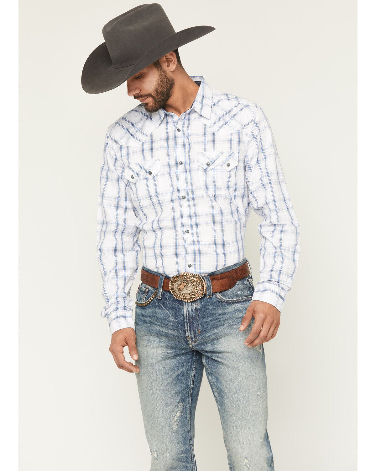 Moonshine Spirit&reg; Men's All Day Long Dobby Plaid Print Long Sleeve Snap Western Shirt, White, hi-res