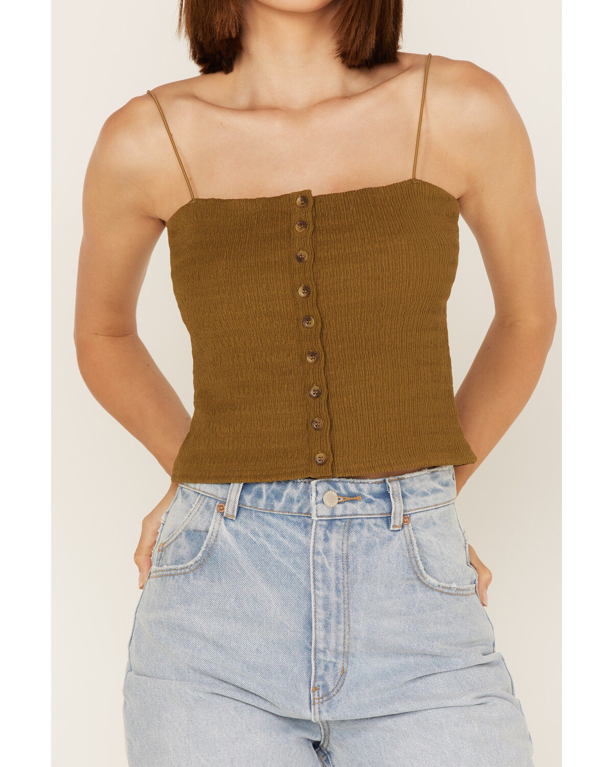 Image #3 - Cleo + Wolf Women's Smocked Button Front Tank, Green/brown, hi-res