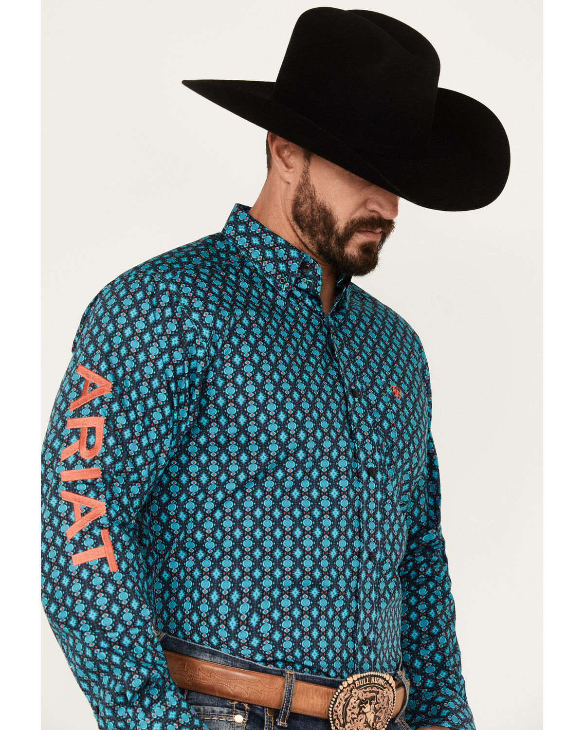 Image #2 - Ariat Men's Team Case Print Long Sleeve Button-Down Western Shirt, Turquoise, hi-res