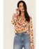 Image #2 - Wild Moss Women's Rust Long Sleeve Floral Button Cinch Front Knit Top, Rust Copper, hi-res