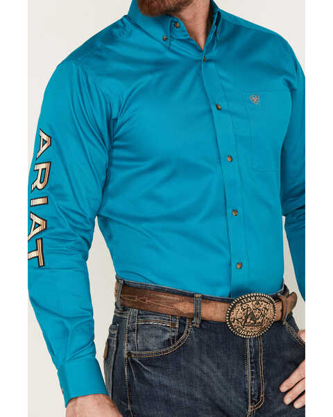 Image #3 - Ariat Men's Team Embroidered Logo Twill Fitted Long Sleeve Button-Down Western Shirt, Teal, hi-res