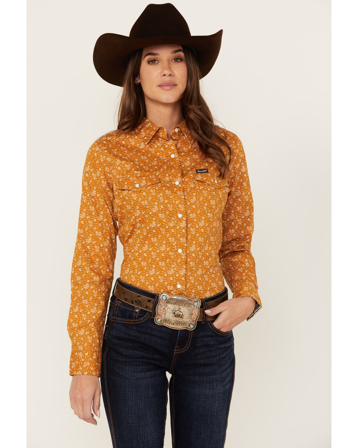 Image #1 - Wrangler Retro Women's Printed Long Sleeve Snap Western Shirt, Orange, hi-res