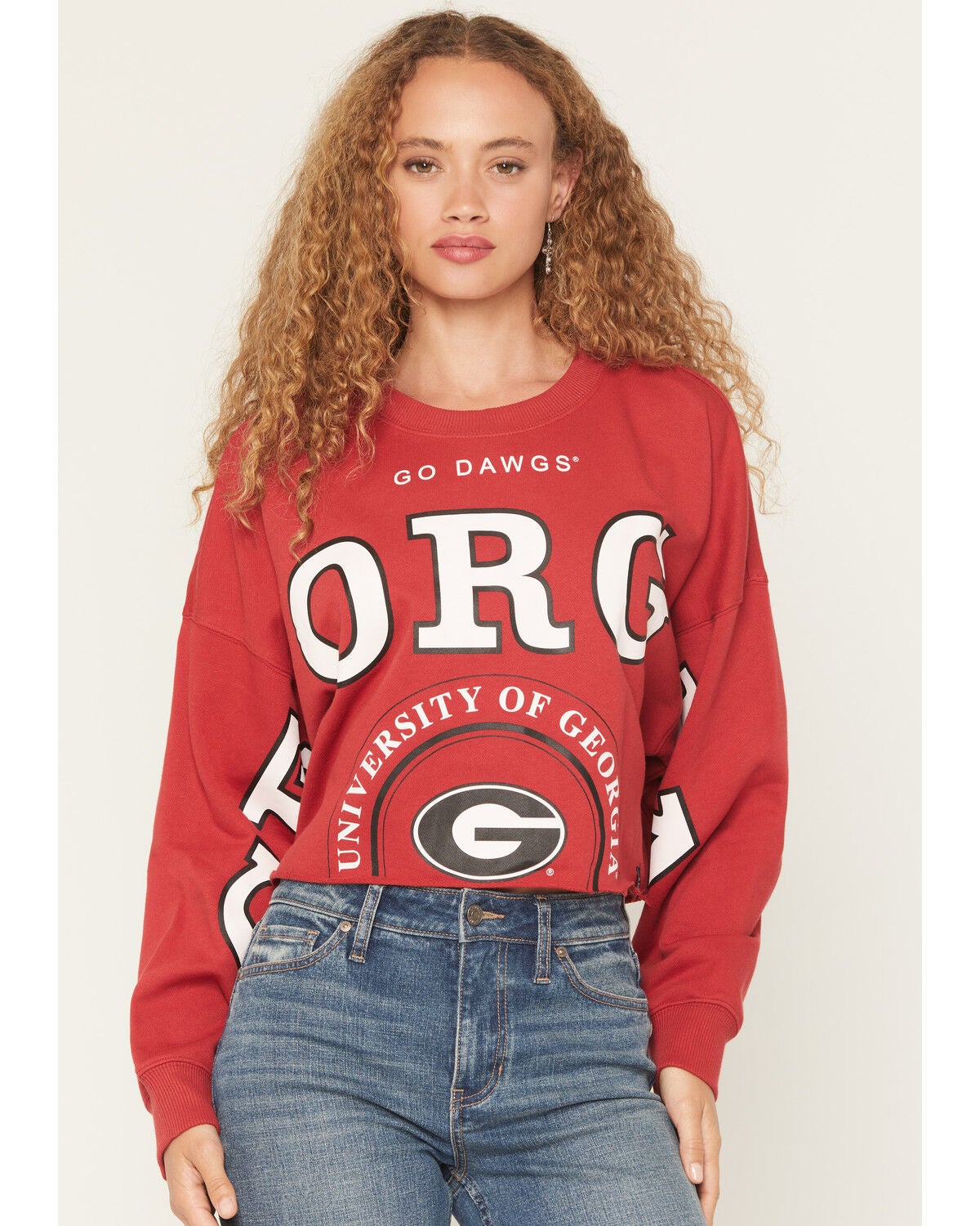 Gameday Women's UGA Split Long Sleeve Cropped Graphic Tee, Red, hi-res