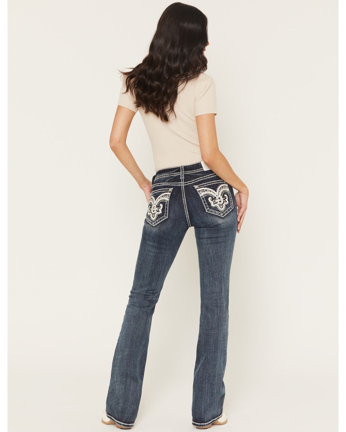 Grace in LA Women's Medium Wash Mid Rise Embellished Bootcut Stretch Denim Jeans, Medium Wash, hi-res
