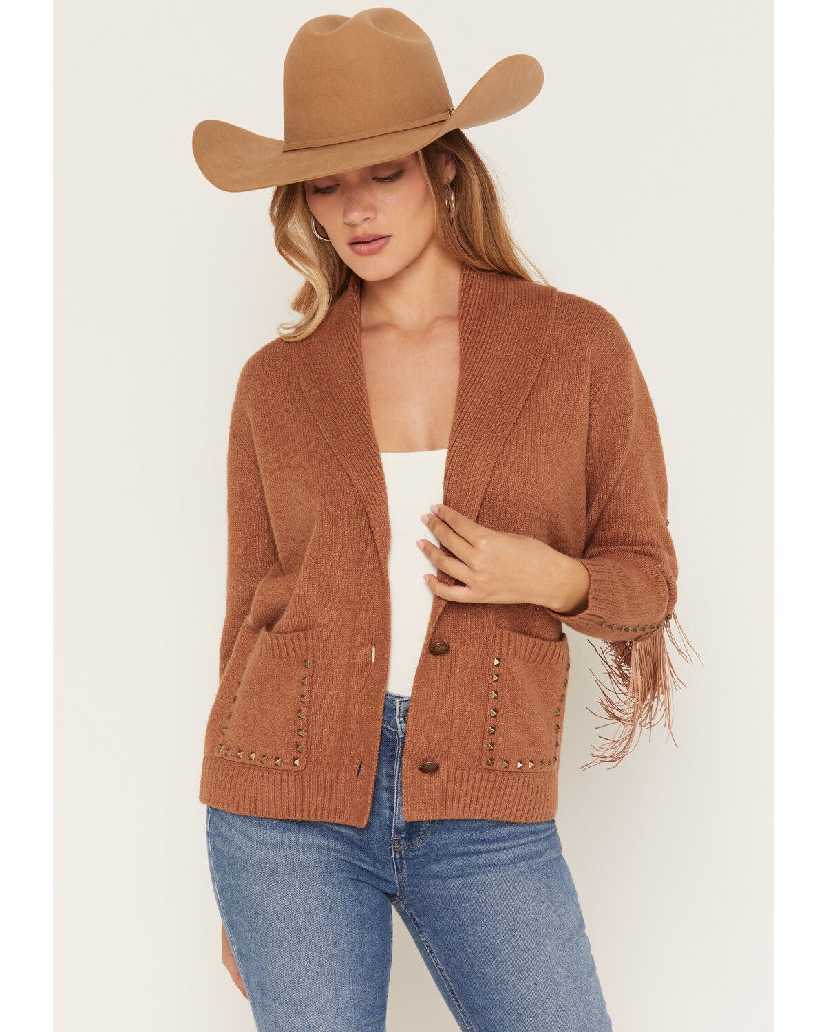 Image #1 - Idyllwind Women's Hicks Studded Fringe Button-Down Midi Cardigan, Bark, hi-res