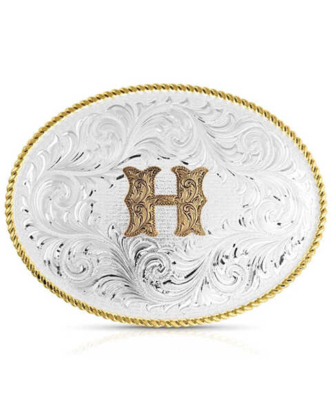 Montana Silversmiths Classic Western Oval Two-Tone Initial Belt Buckle - H, Silver, hi-res