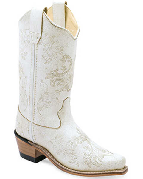 Image #1 - Old West Girls' Embroidered Western Boots - Snip Toe , White, hi-res