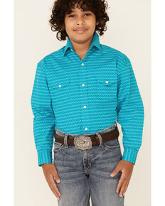 Rough Stock By Panhandle Boys' Turquoise Geo Print Long Sleeve Western Shirt , Turquoise, hi-res