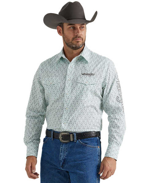 Wrangler Men's Geo Print Logo Long Sleeve Snap Western Shirt - Tall , Grey, hi-res