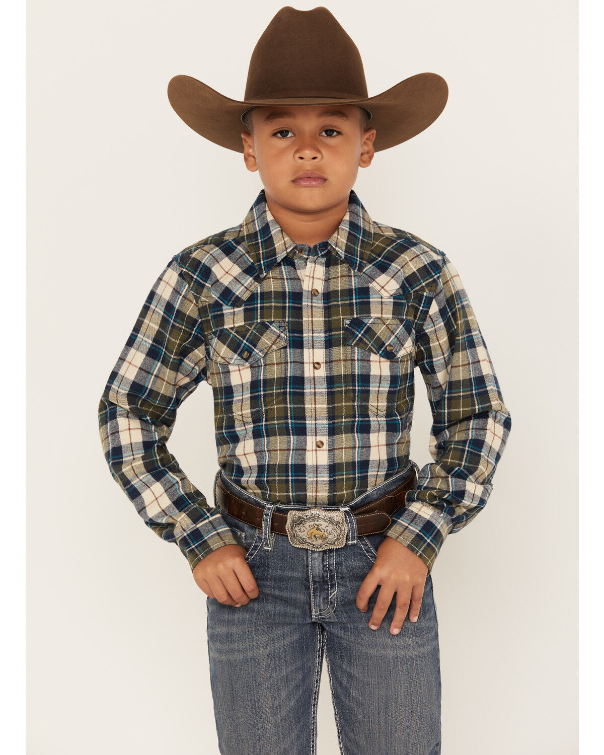 Image #1 - Cody James Boys' Plaid Print Long Sleeve Snap Western Flannel Shirt, Tan, hi-res