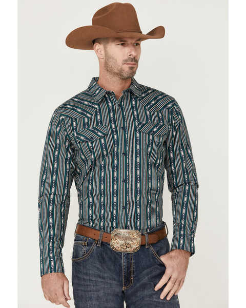 Image #1 - Gibson Men's Bone Southwestern Striped Long Sleeve Snap Western Shirt , Teal, hi-res