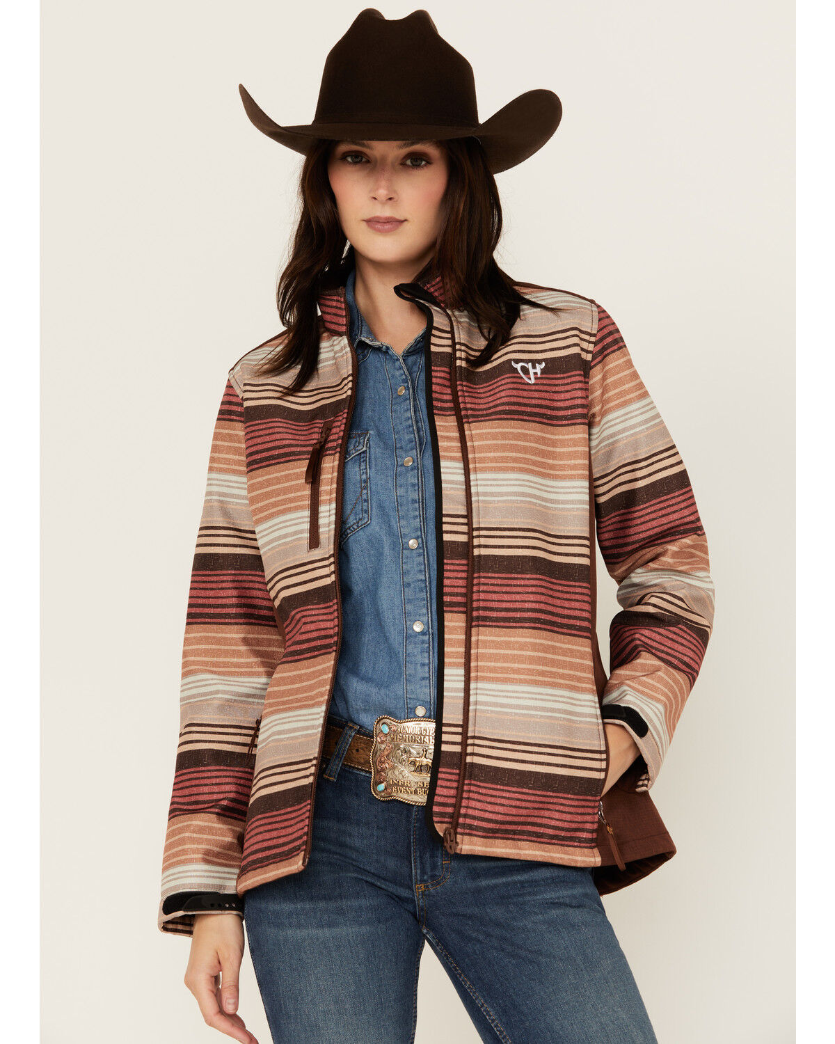 Image #1 - Cowgirl Hardware Women's Desert Serape Striped Softshell Jacket, Brown, hi-res