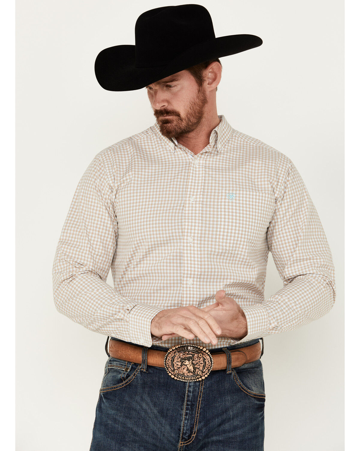 Image #1 - Ariat Men's Pro Series Kiernan Plaid Print Long Sleeve Button-Down Western Shirt, Beige, hi-res