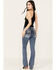 Miss Me Women's Dark Wash Low Rise Tonal Americana Border Bootcut Jeans, Dark Wash, hi-res