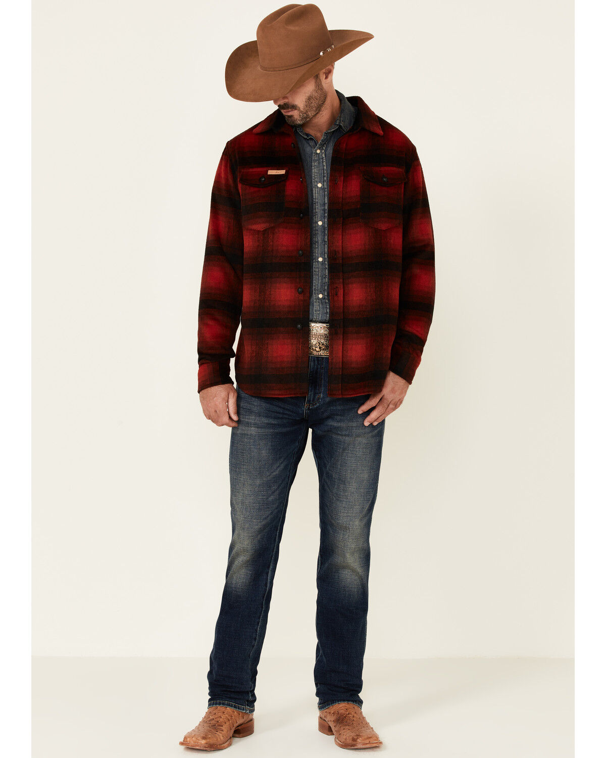 Image #2 - Powder River Outfitters Men's Red Ombre Plaid Wool Button-Front Shirt Jacket, Black/red, hi-res