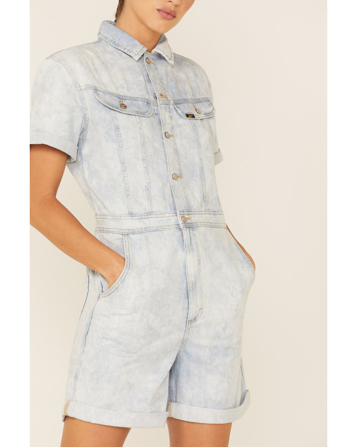 Image #2 - Lee Women's Acid Wash Denim Short Unionall Romper, Blue, hi-res
