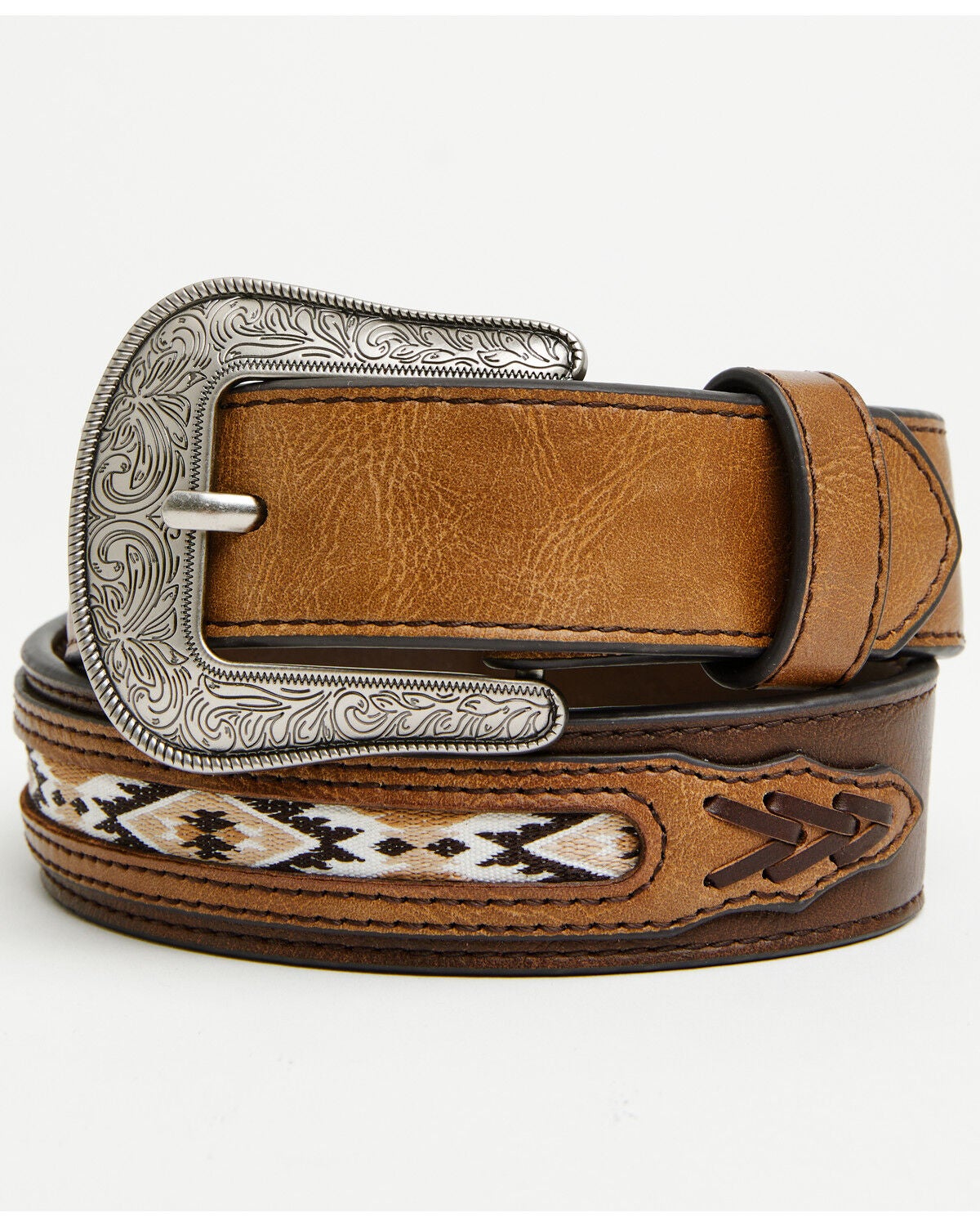 Cody James Boys' Southwestern Inlay Belt, Brown, hi-res