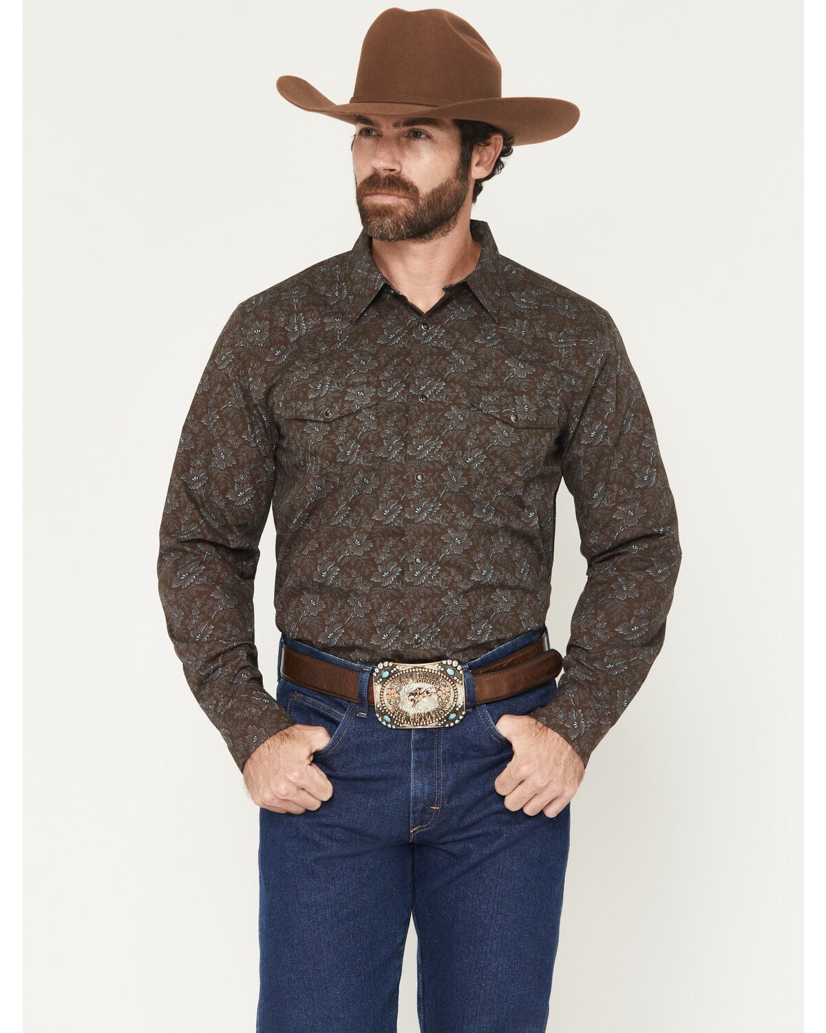 Gibson Trading Co Men's Groovin Floral Print Long Sleeve Snap Western Shirt, Dark Brown, hi-res
