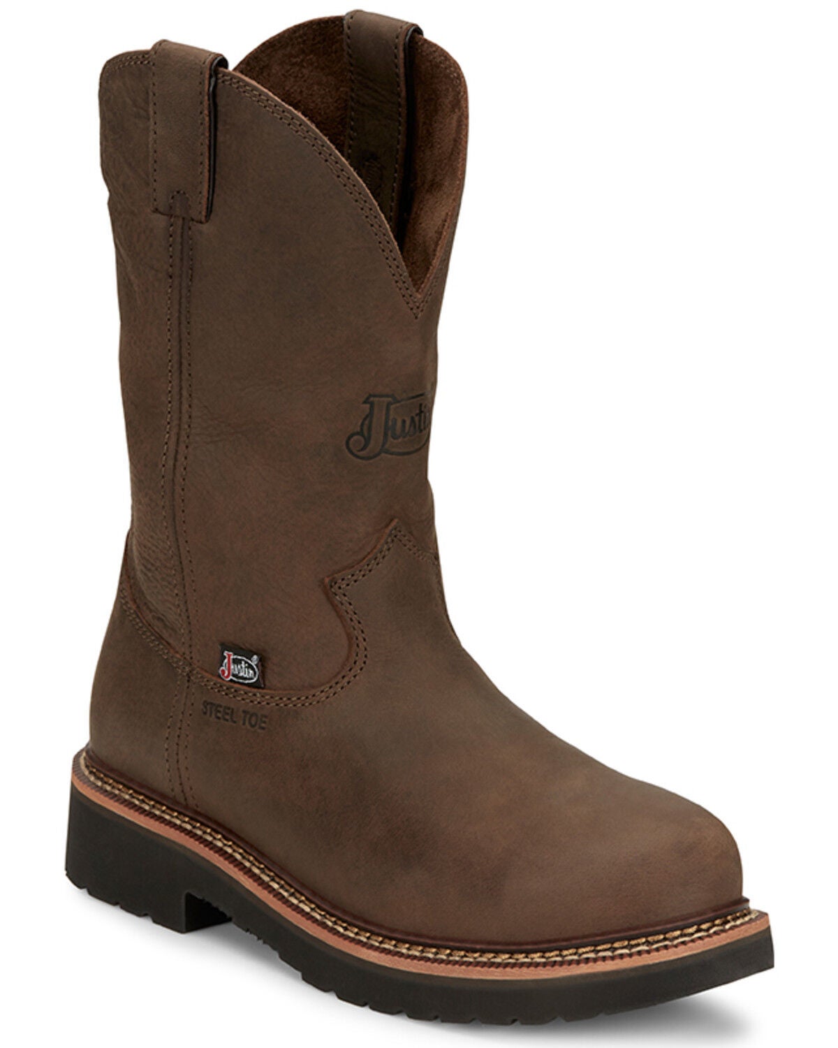 Justin Men's Carbide Pull-On Work Boots - Steel Toe, Brown, hi-res