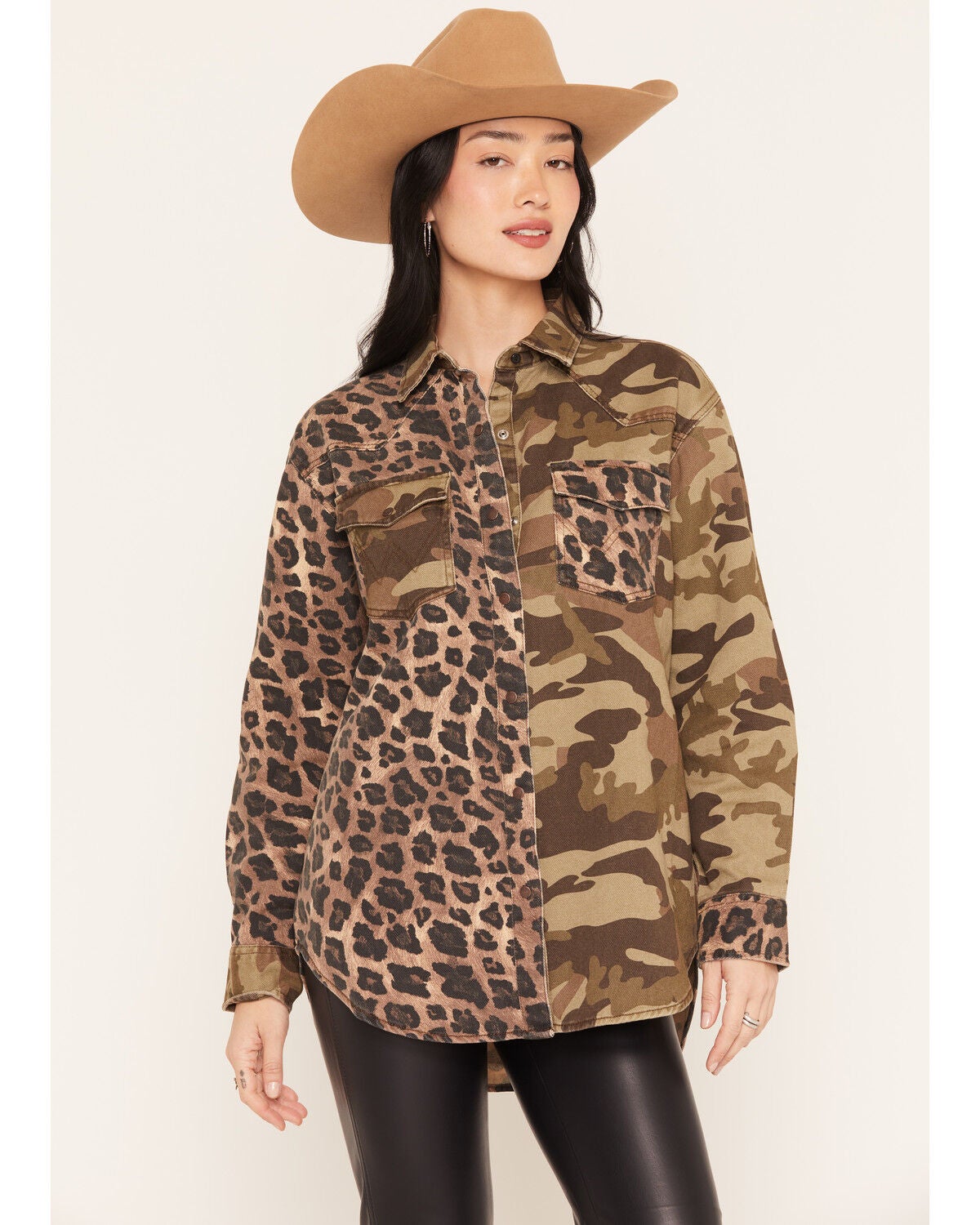 Wrangler Women's Leopard Camo Print Boyfriend Long Sleeve Snap Shirt, Green, hi-res