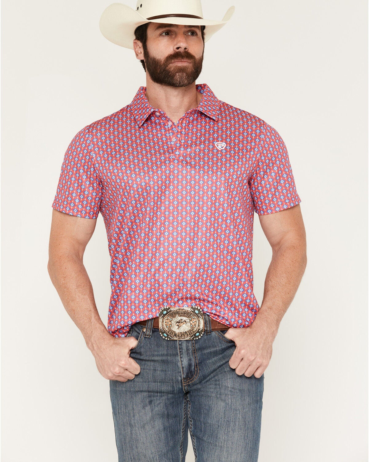 Image #1 - Rock & Roll Denim Men's Southwestern Print Short Sleeve Button-Down Polo, Hot Pink, hi-res