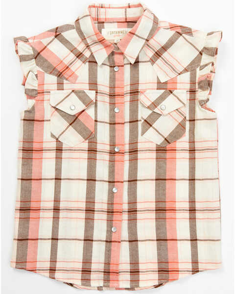 Shyanne Toddler Girls' Plaid Print Ruffle Sleeve Western Pearl Snap Shirt, Cream, hi-res