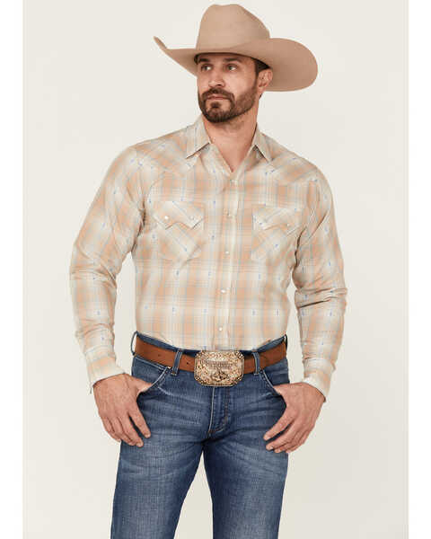 Image #1 - Ely Walker Men's Large Dobby Plaid Long Sleeve Pearl Snap Western Shirt , Beige/khaki, hi-res