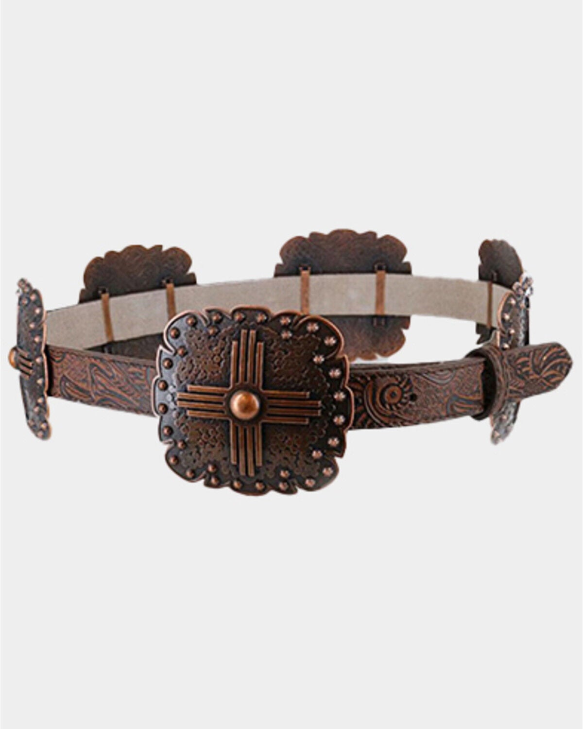 Angel Ranch Women's Brown Scalloped Concho Leather Belt, Brown, hi-res