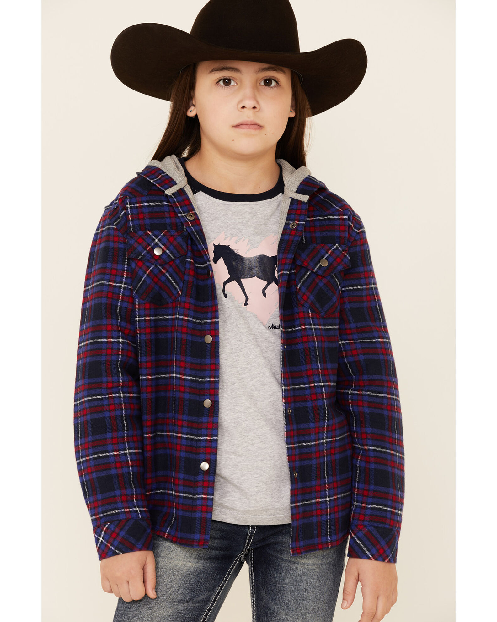 Roper Girls Purple Plaid Flannel Snap Hooded Shirt Jacket Sheplers