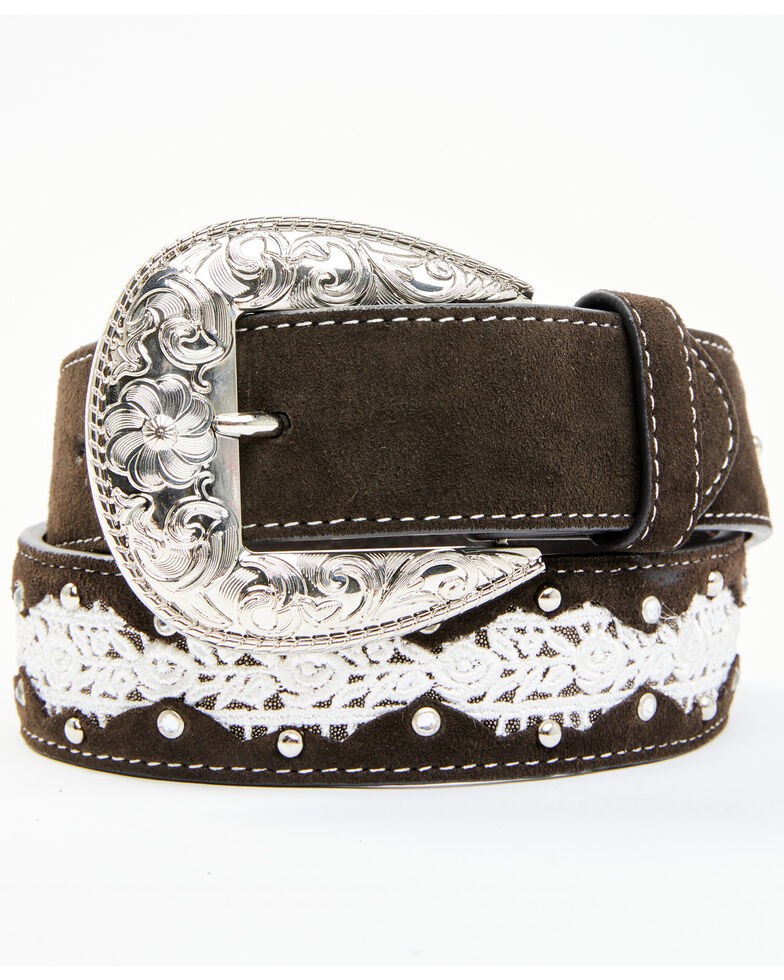 Shyanne Women's Dark Brown Suede & Lace Studded Belt, Dark Brown, hi-res