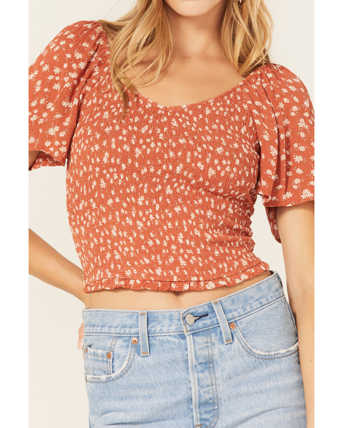 Image #3 - Beyond The Radar Women's Floral Print Smocked Top, Rust Copper, hi-res