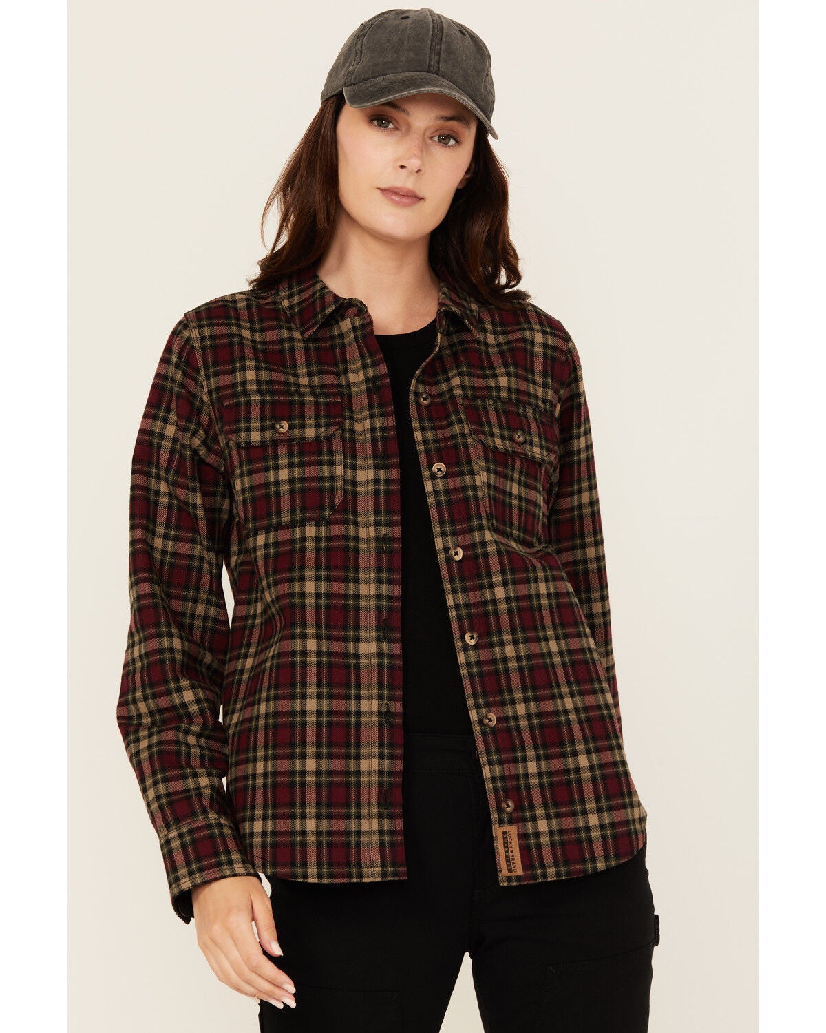 Lucky Brand Workwear Women's Hunter Plaid Print Long Sleeve Button-Down Flannel Shirt, Burgundy, hi-res