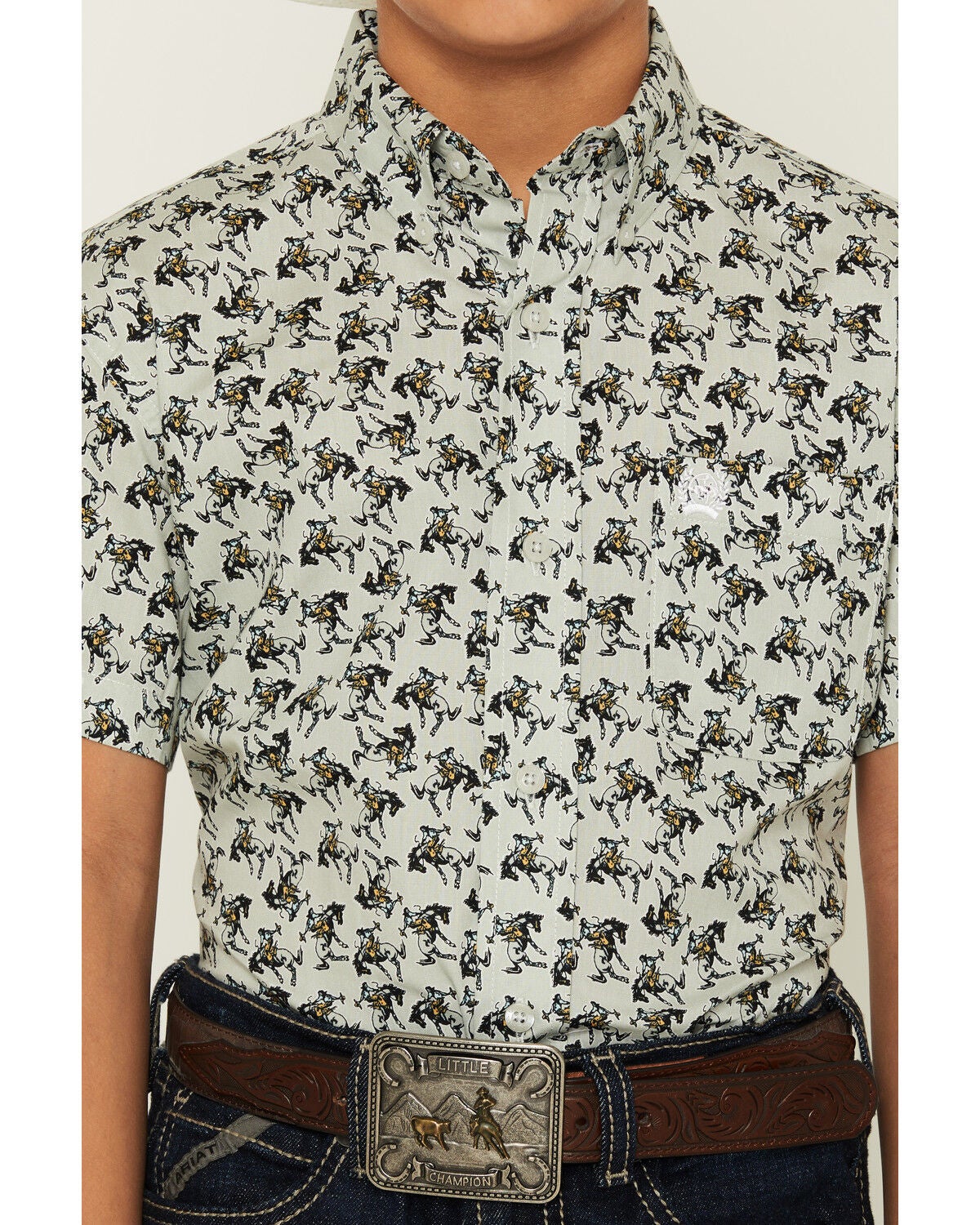Image #3 - Cinch Boys' Horse Print Short Sleeve Button-Down Western Shirt, Grey, hi-res