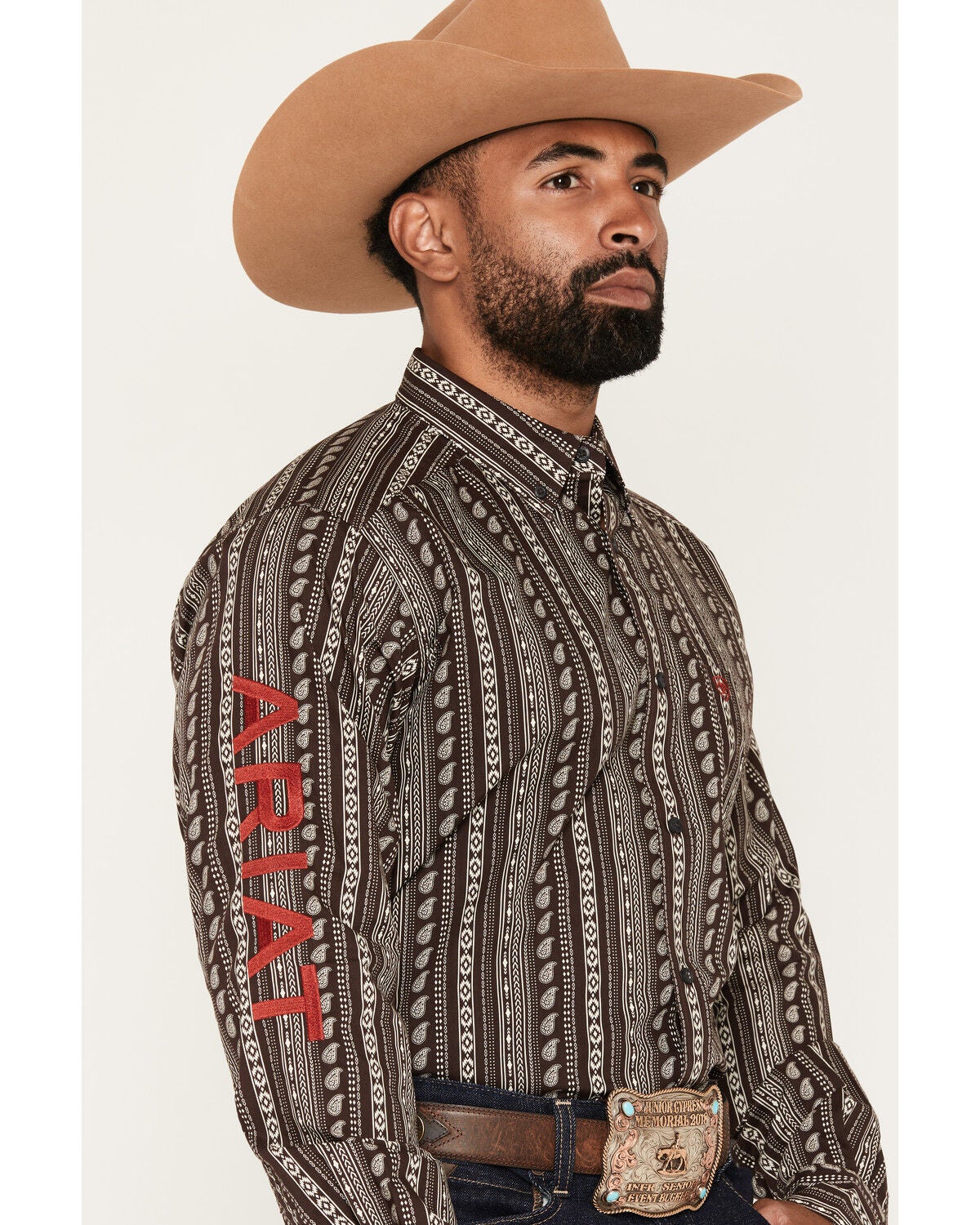 Image #2 - Ariat Men's Team Ean Southwestern Striped Print Long Sleeve Button-Down Western Shirt, Chocolate, hi-res