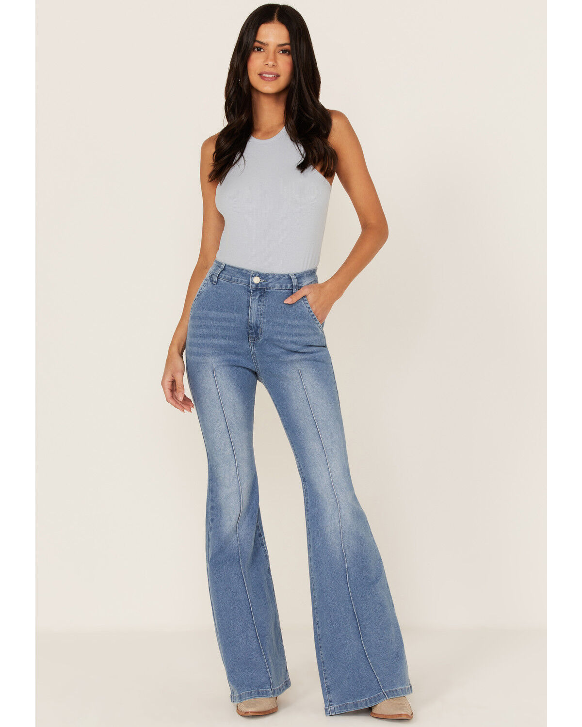 Image #1 - Flying Tomato Women's Light Wash High Rise Seamed Flare Jeans, , hi-res