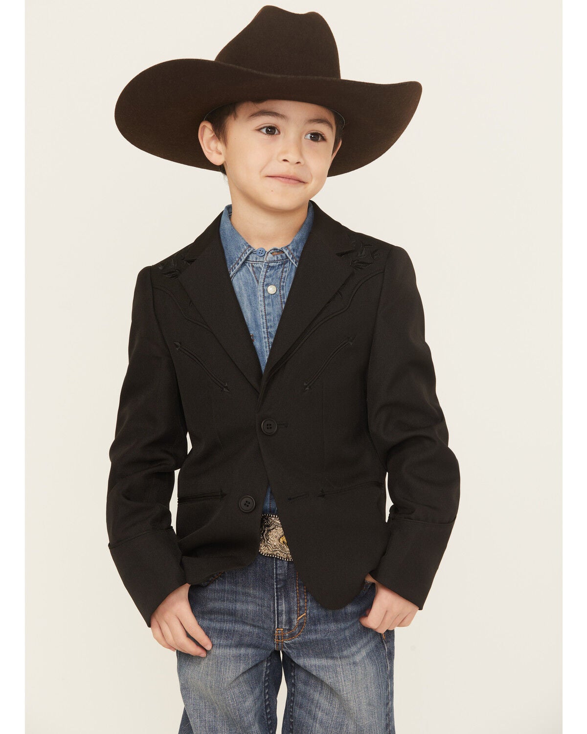 Scully Boys' Floral Embroidered Button-Down Sportcoat, Black, hi-res