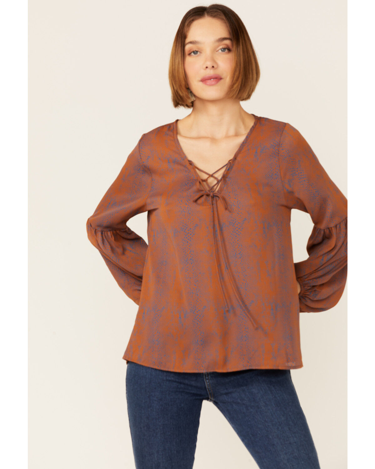 Image #1 - Saints & Hearts Snake Print Tie Front Blouse, Rust Copper, hi-res