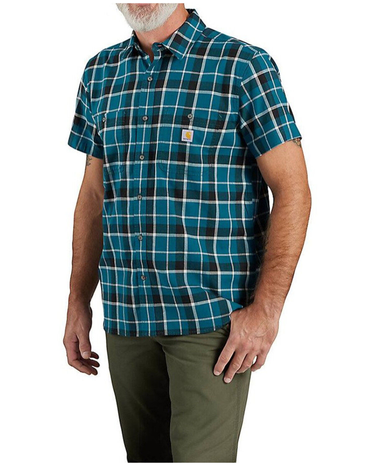 Image #1 - Carhartt Men's Rugged Flex® Relaxed Fit Lightweight Plaid Print Short Sleeve Button-Down Stretch Work Shirt, Navy, hi-res