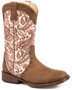 Roper Girls' Glitter Geo Print Western Boots - Round Toe, Brown, hi-res
