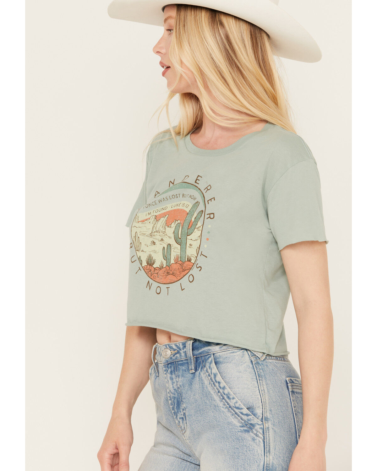 Image #2 - Kerusso Women's Wanderer But Not Lost Desert Cropped Graphic Tee, Green, hi-res