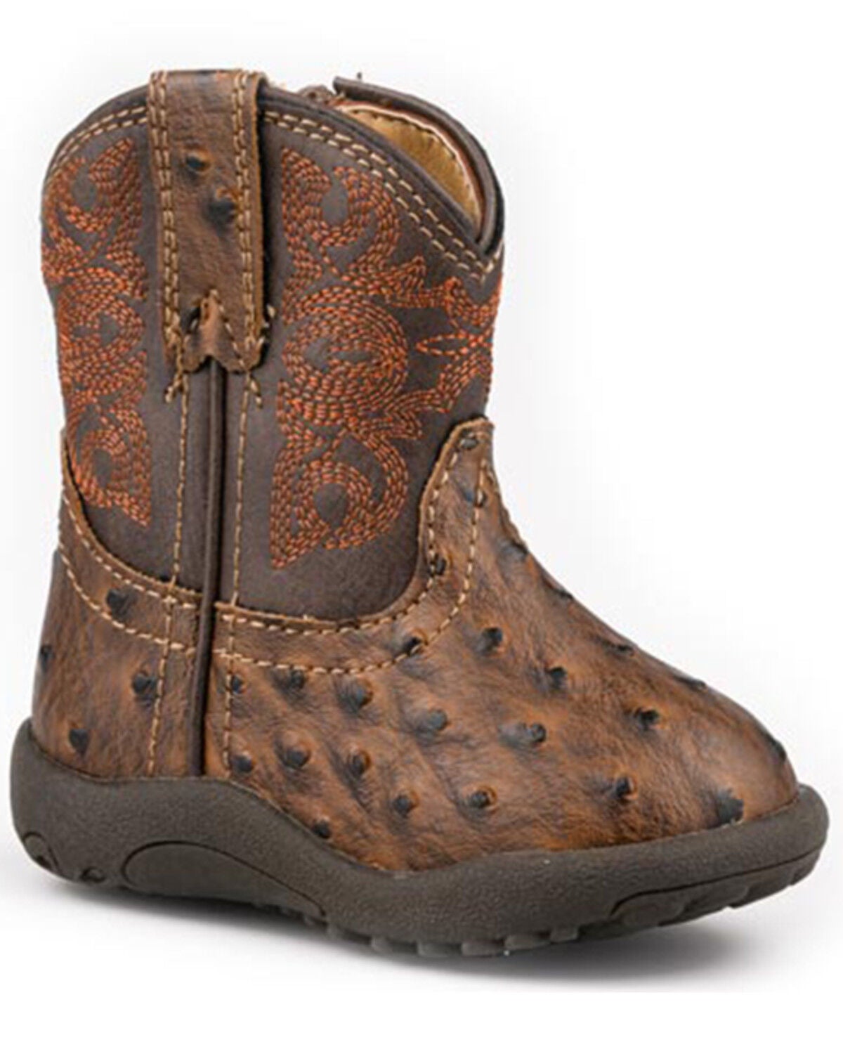 Image #1 - Roper Infant Boys' Cowbabies Luke Ostrich Print Western Boots - Round Toe, Brown, hi-res